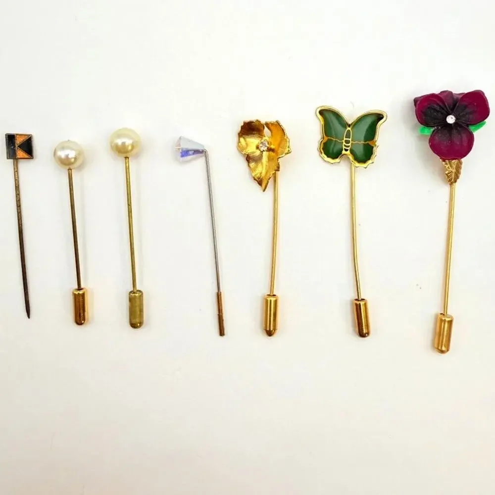 Lot of 7 Vintage Stick Pins Enamel Butterfly Pansy Pearl Ball Letter K Gold Tone